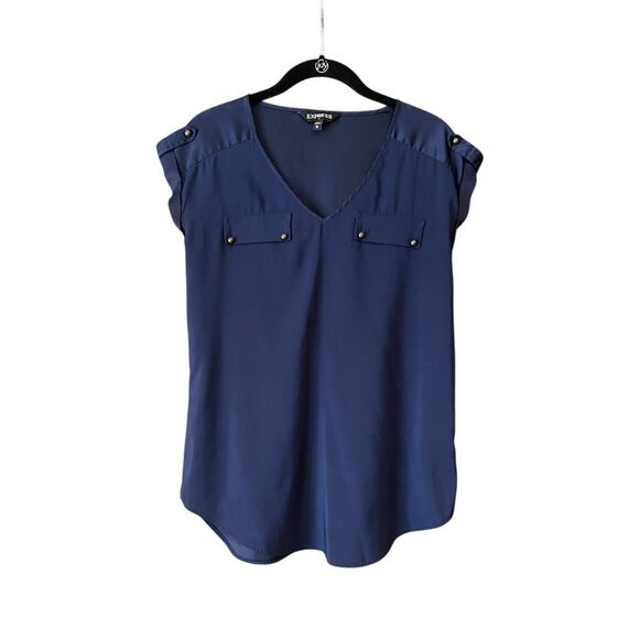 Express Navy V-Neck Blouse w/ Military Details Brass Buttons Office‎ Wear XS F62 - Picture 1 of 6